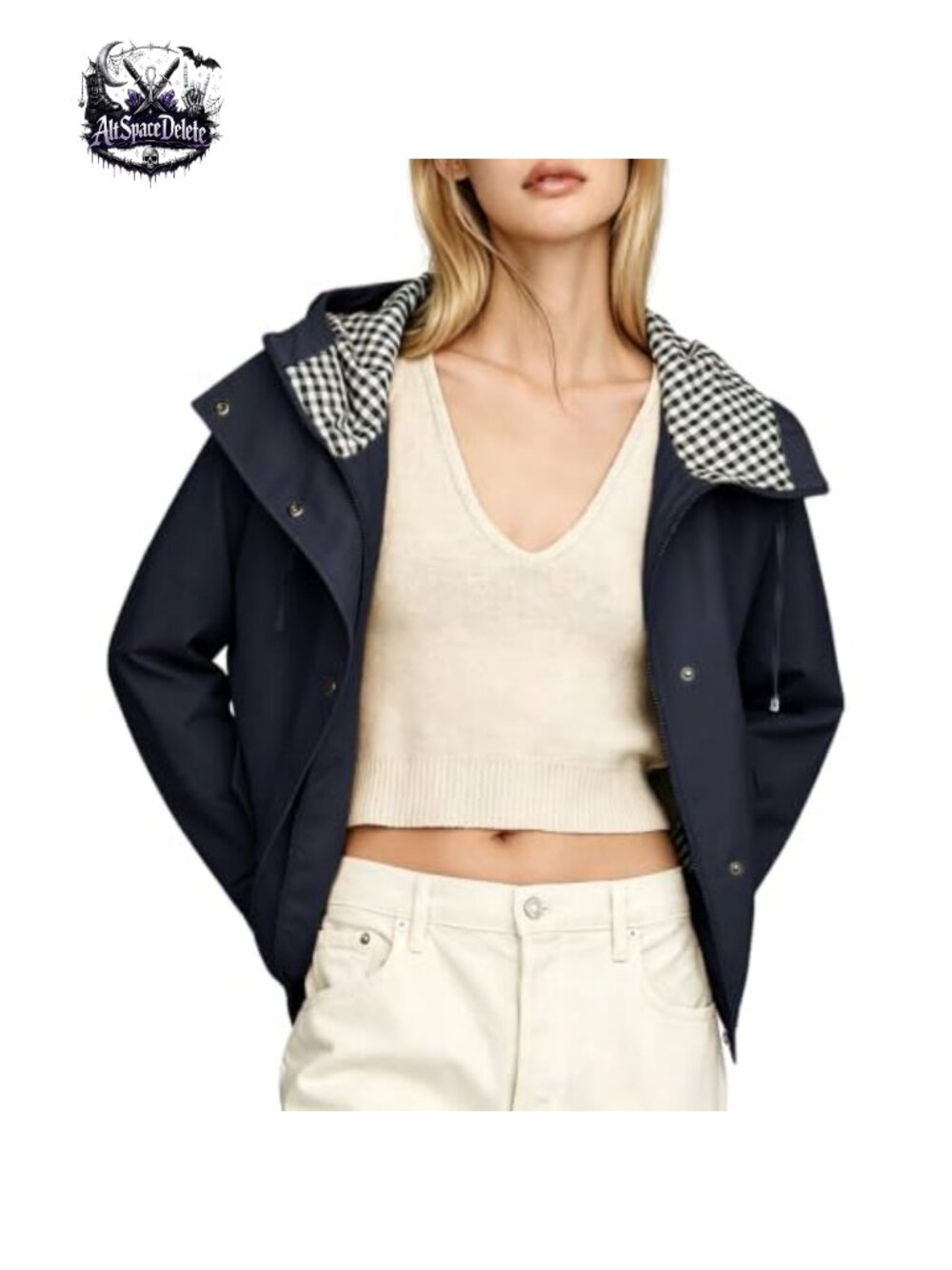 Women Oversize Trench Coat Plaid Lining Hooded Zip Up Windbreaker
